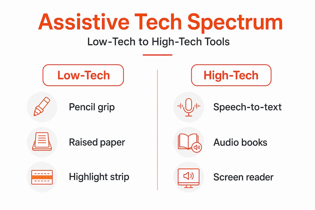 Infographic comparing low-tech and high-tech assistive tools