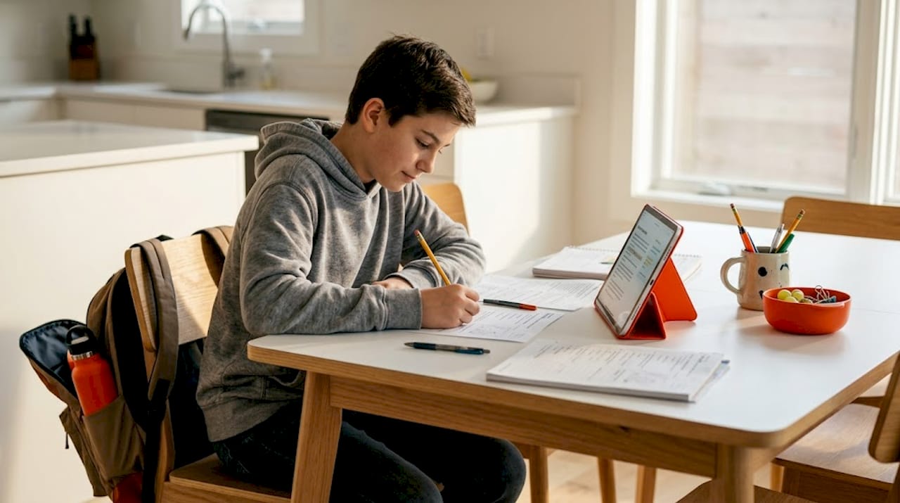 Student completing homework at kitchen table