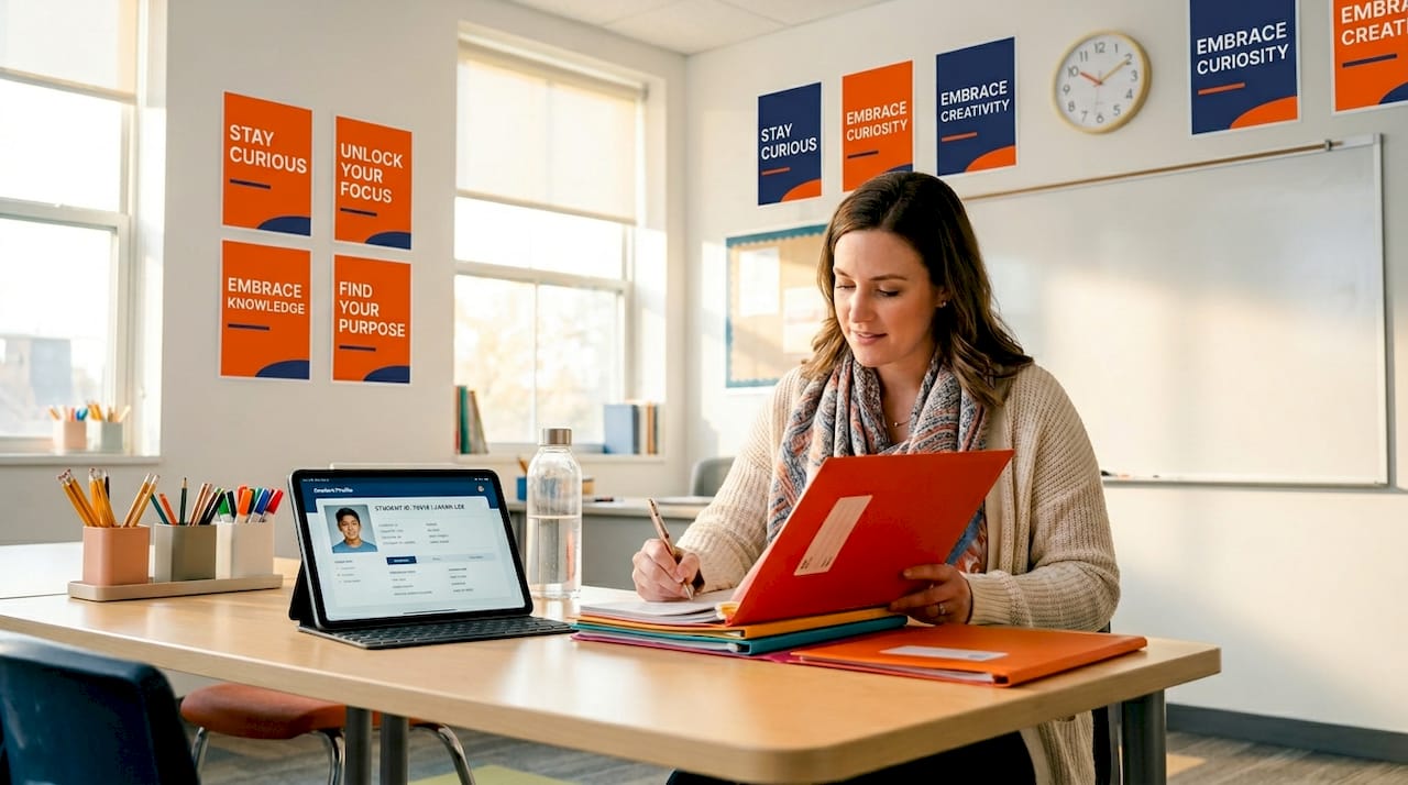 Teacher adapting homework at classroom table