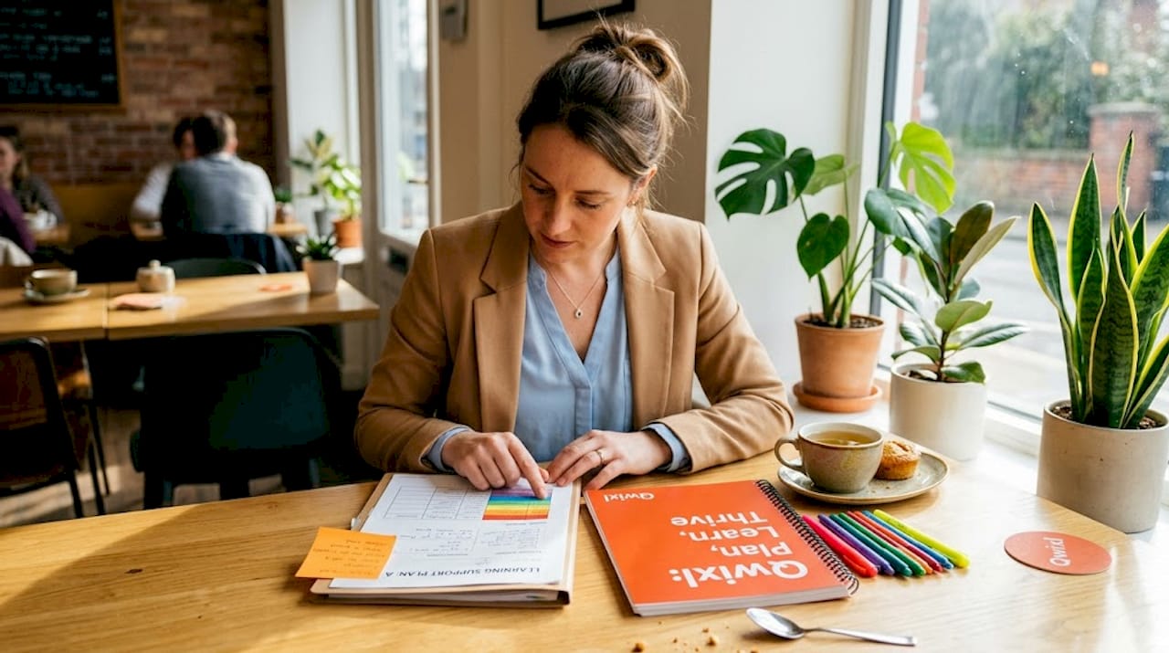 Teacher reviewing a learning support plan at desk
