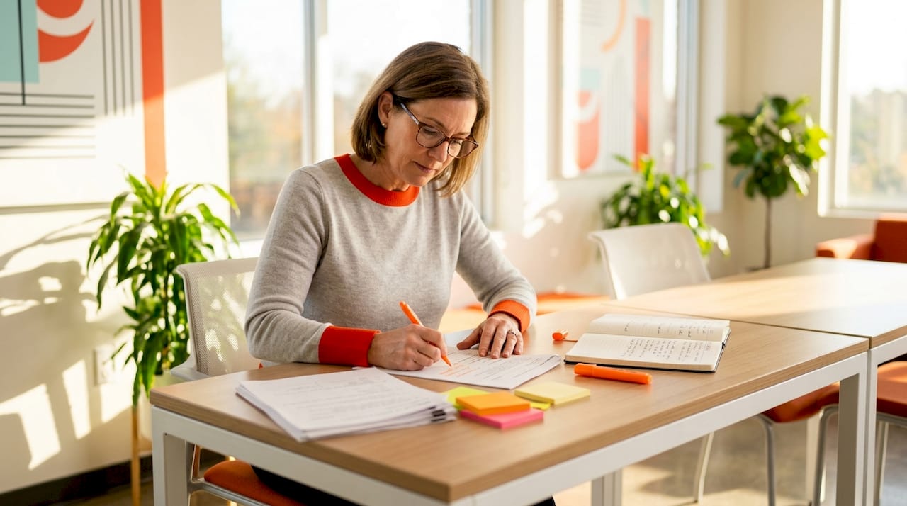 Teacher reviewing student feedback at desk
