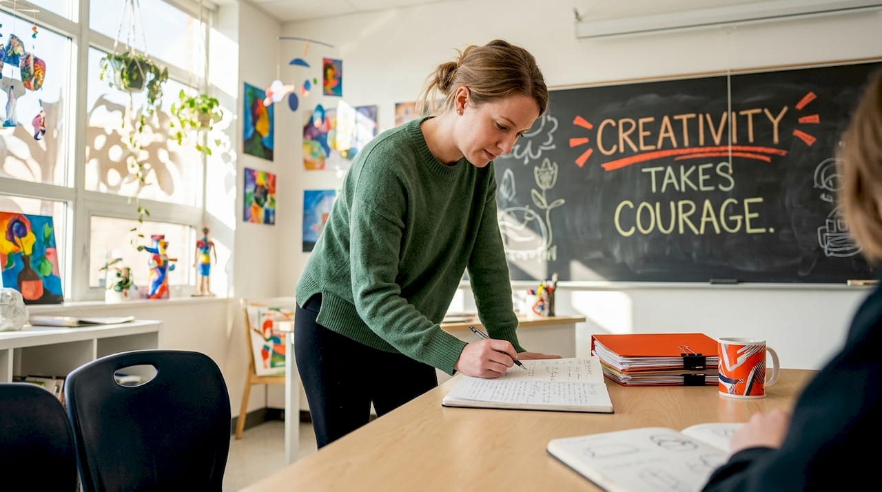 Teacher reviewing student work in classroom