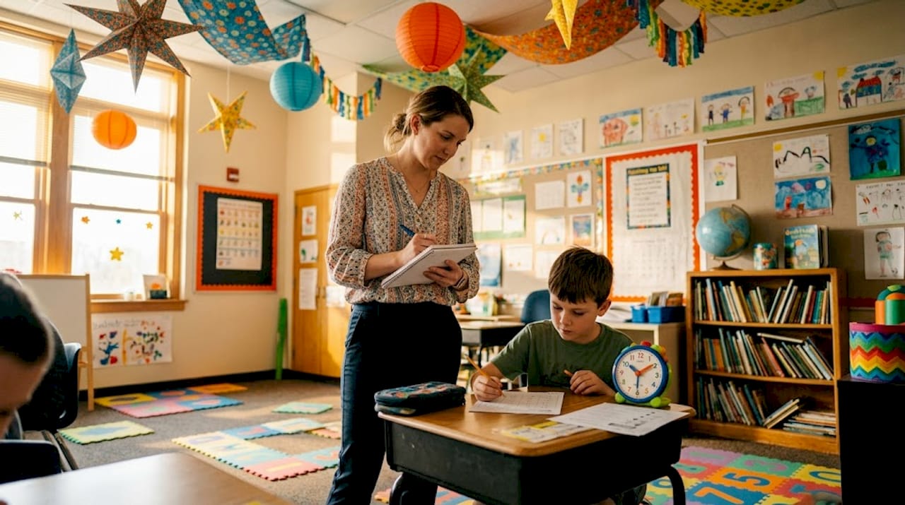 Teacher observing student working in classroom