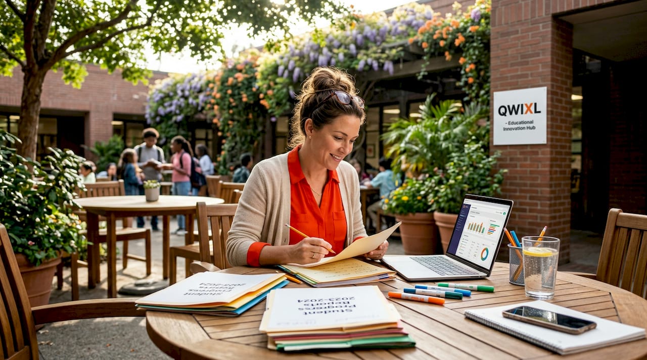 Teacher reviewing student progress folders at table