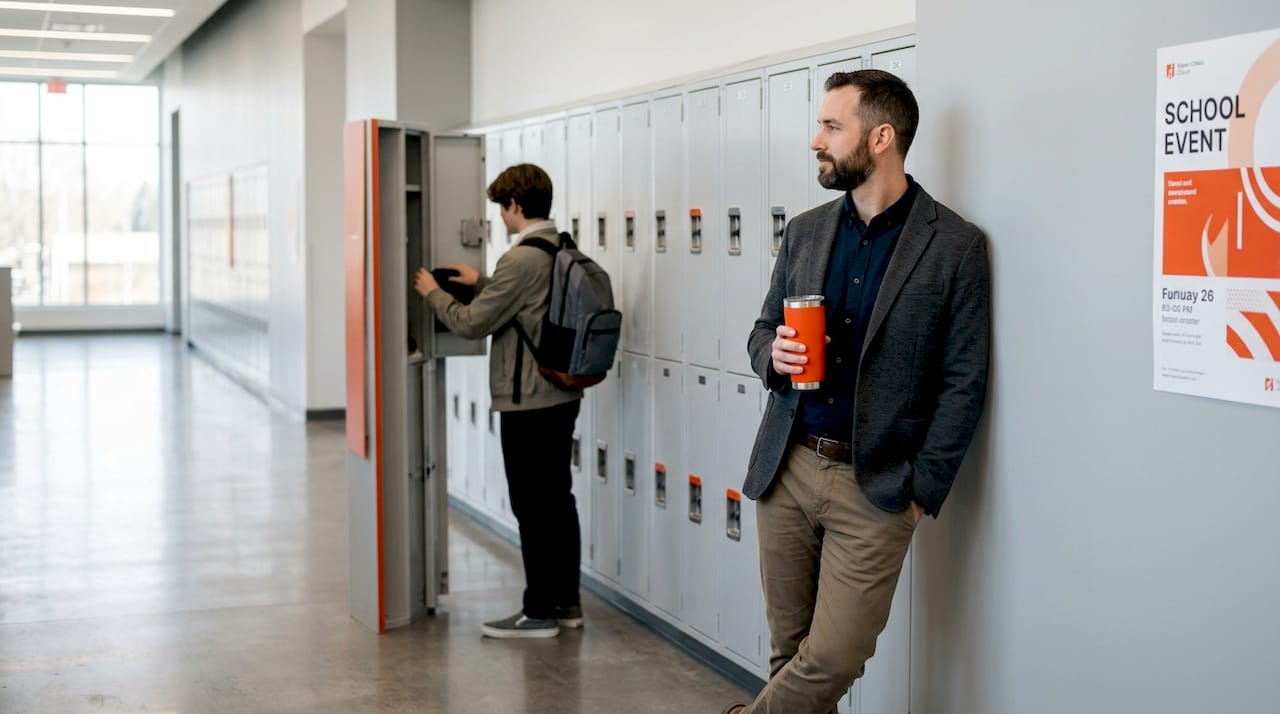 Teacher observing student at hallway lockers