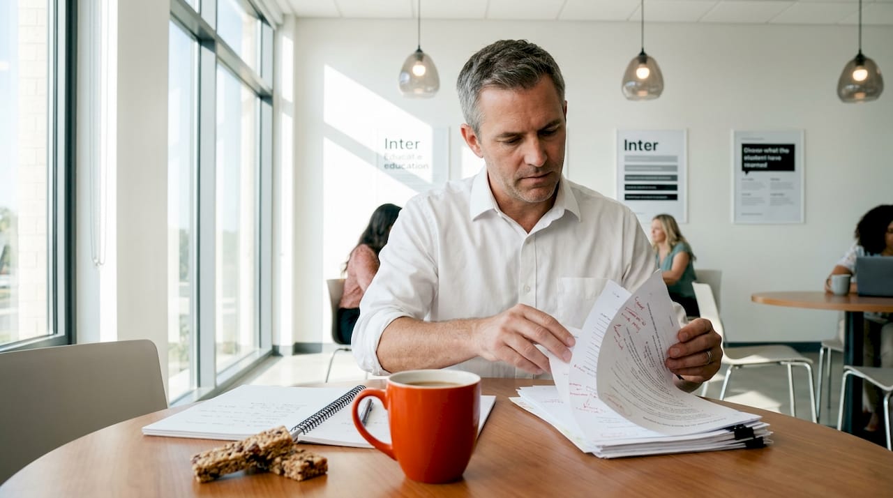 Teacher reviewing assignments in lounge