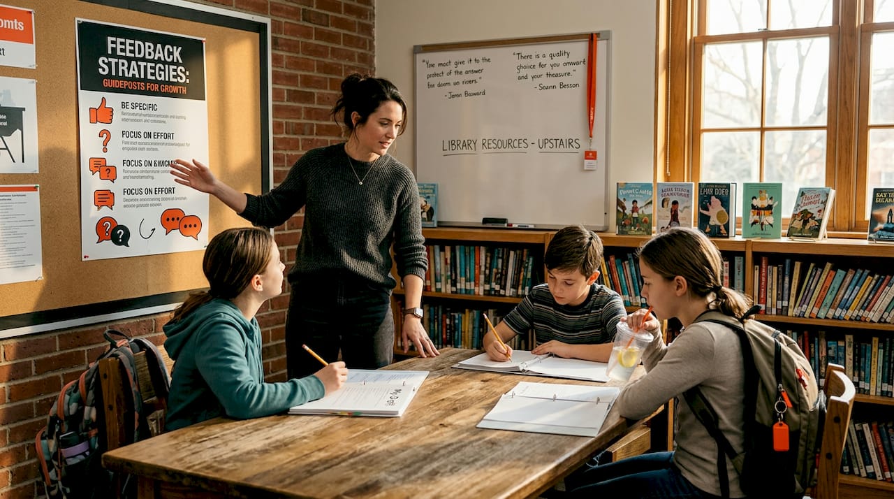 Teacher giving feedback in classroom setting