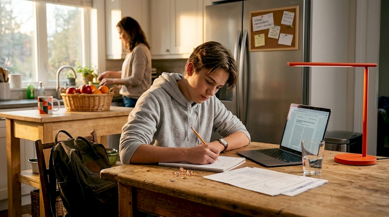 Teen working on homework at kitchen table