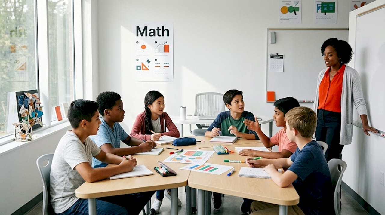 Diverse students discussing around classroom table