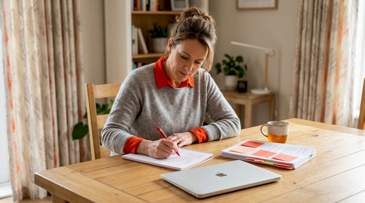 Teacher planning homework feedback at dining table