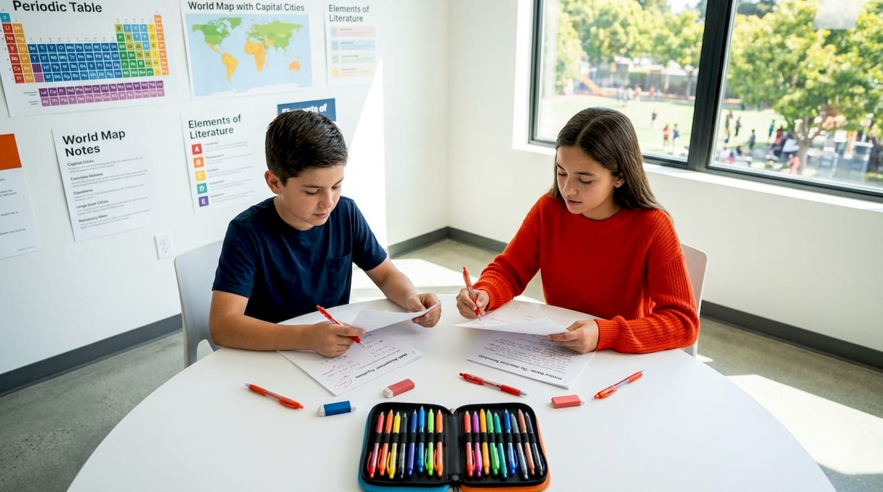 Students exchanging peer homework feedback in classroom