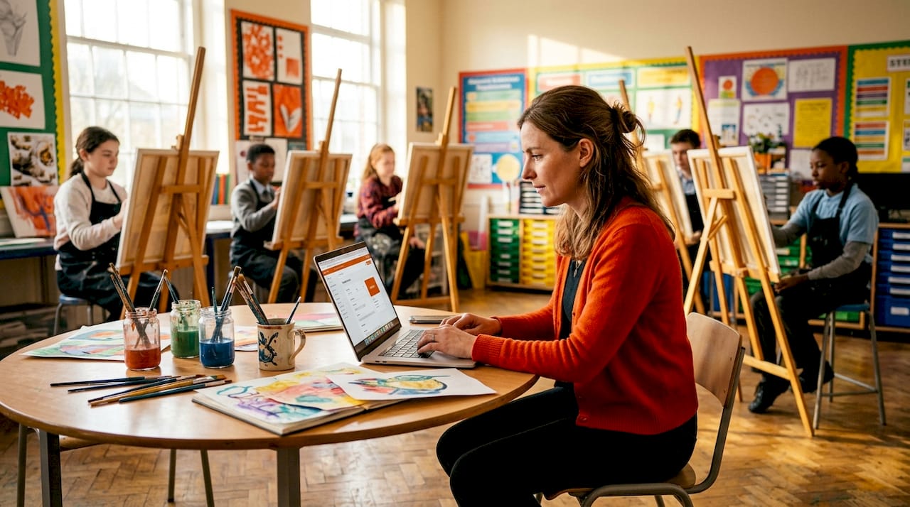 Teacher giving feedback using laptop in classroom