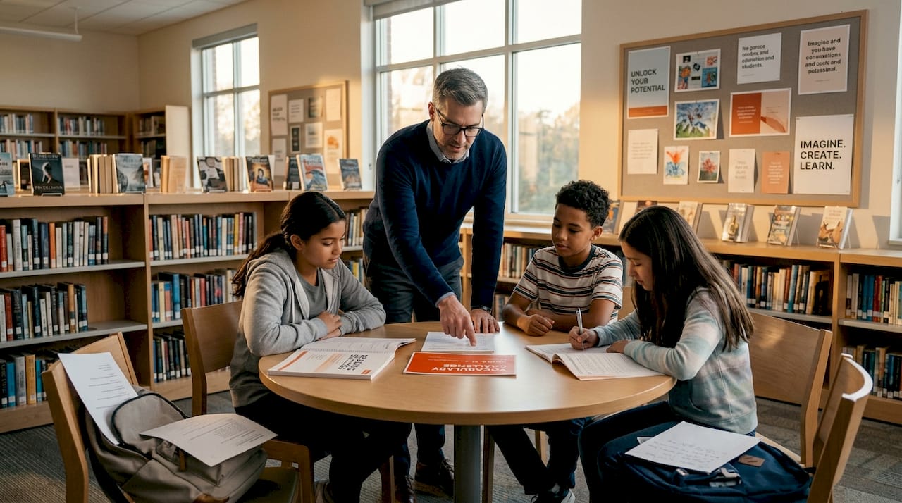 Small group tutoring reading session scene
