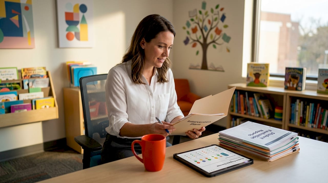 School counselor reviewing intervention documents