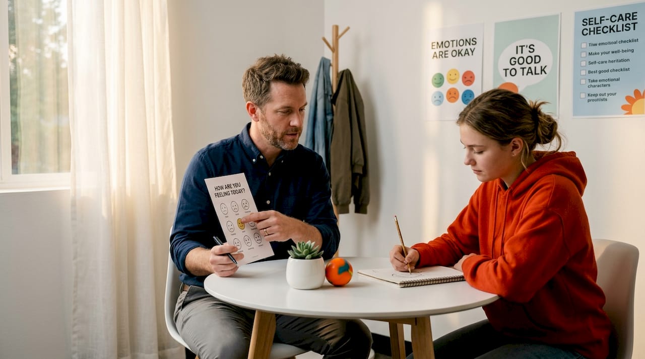 School psychologist and student in counseling session