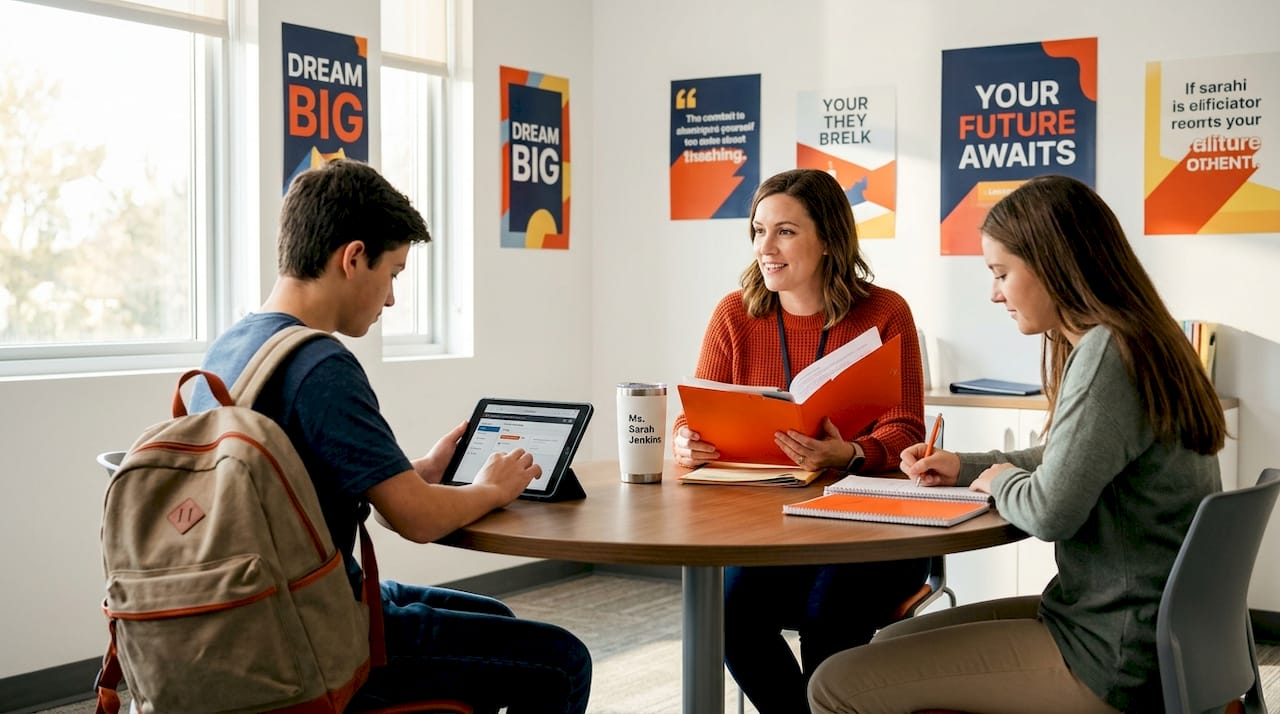 School counselor meeting with students in office