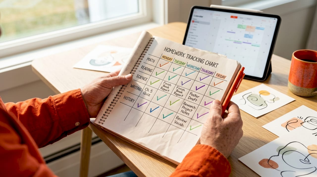 Close-up of homework tracking notebook
