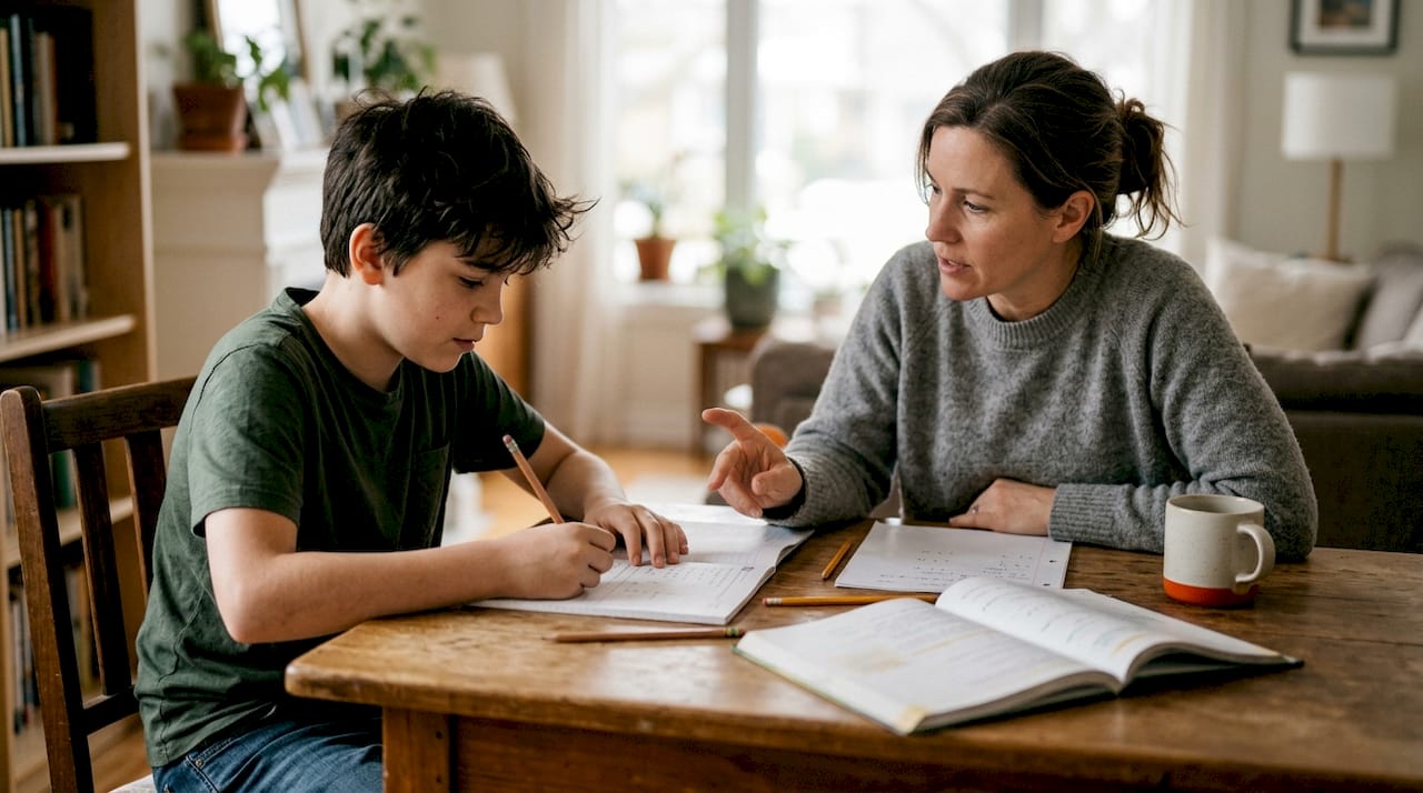 Mother guiding son with homework at kitchen table