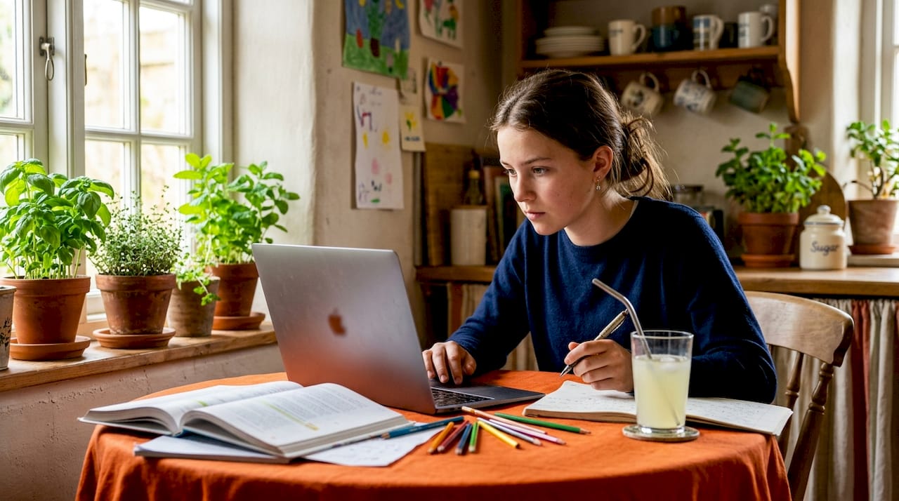 Teen girl studying with laptop at home desk