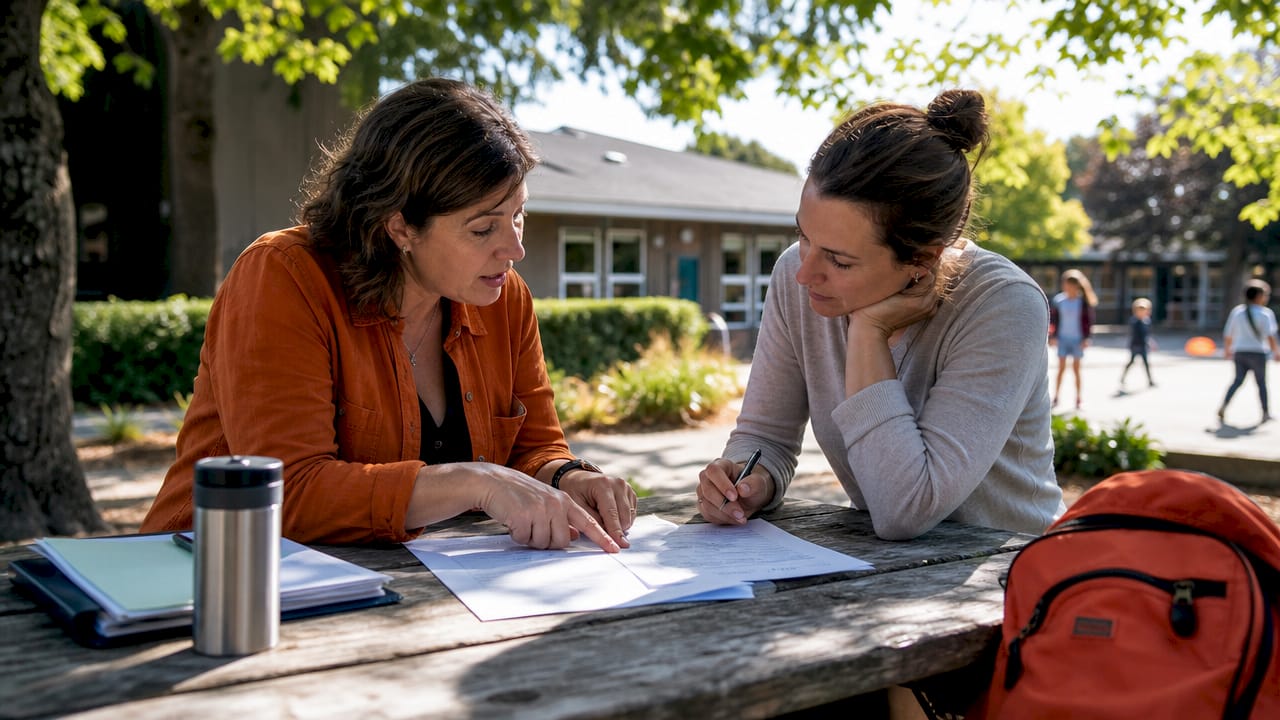 Teacher and parent reviewing student homework collaboratively