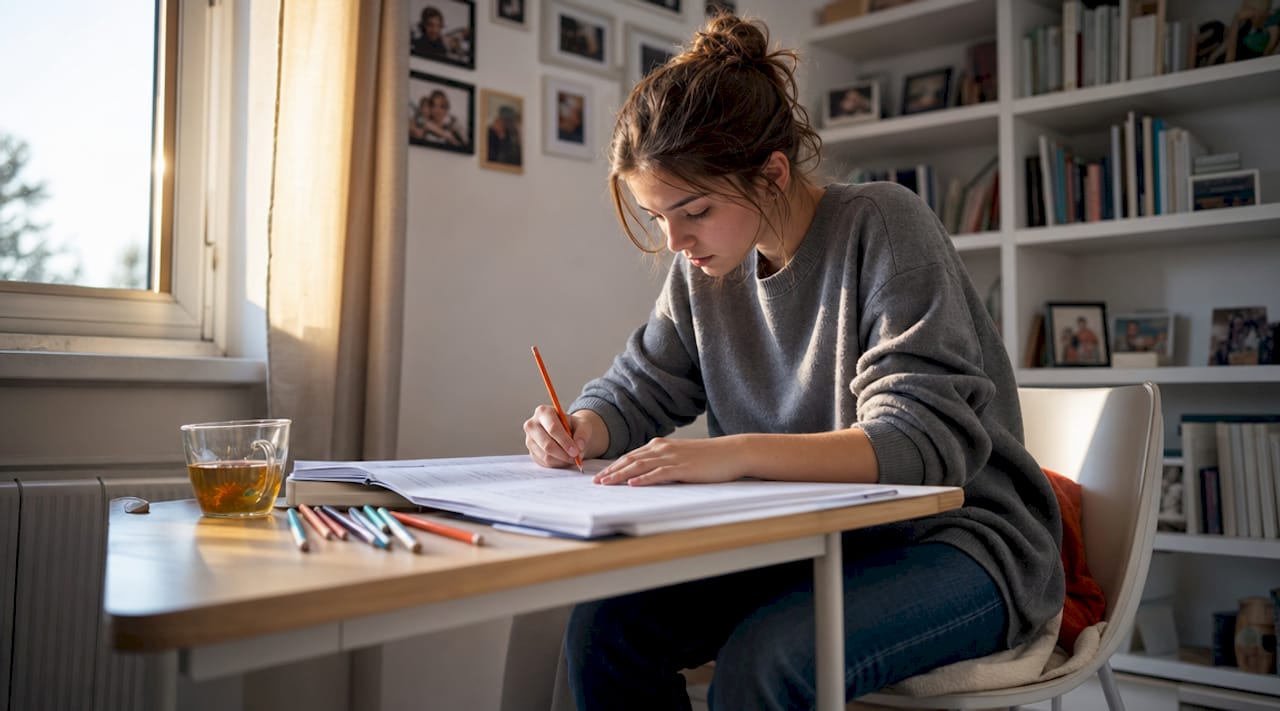 Teen girl concentrating on homework at kitchen table