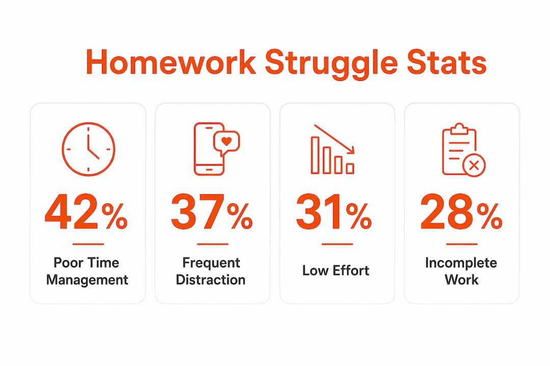 Infographic showing key homework struggle indicators and percentages
