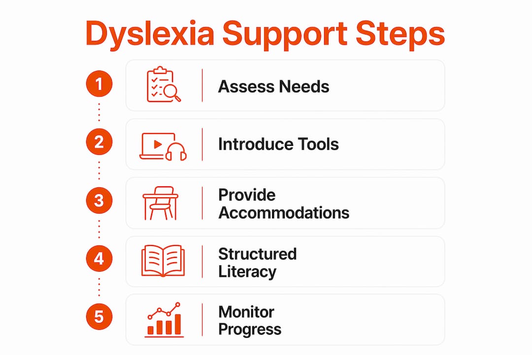 Infographic illustrating steps to support dyslexia in classroom