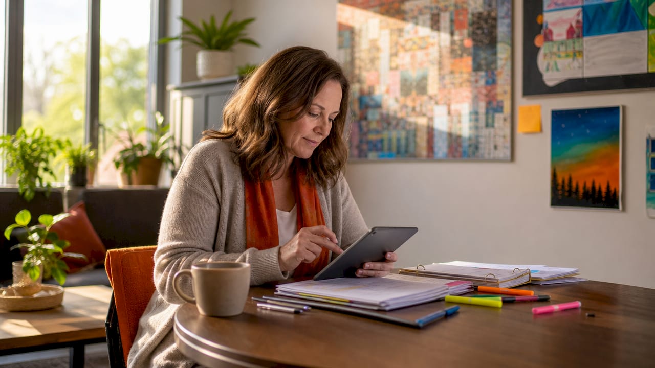 Teacher using tablet and lesson plans in classroom