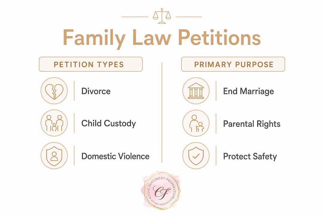 Infographic comparing family law petition types and purposes