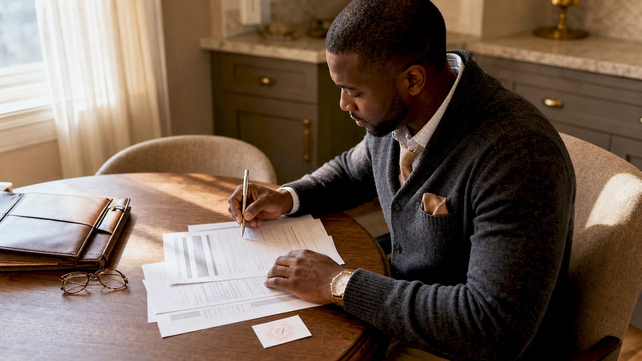 Hands signing real estate documents at law office table