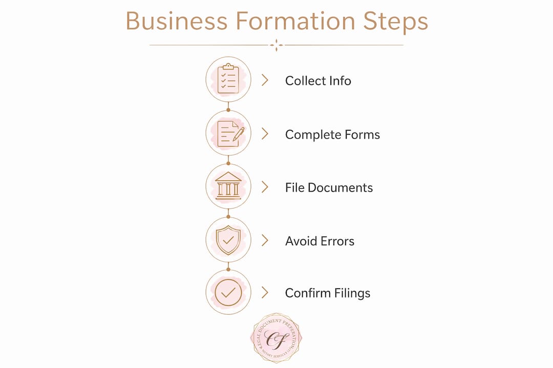 Infographic illustrating business formation steps with document preparer
