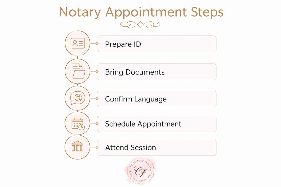 Infographic showing step-by-step bilingual notary appointment guide