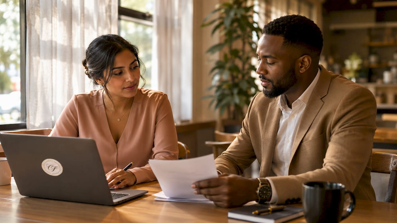 Two professionals discussing legal documents in office