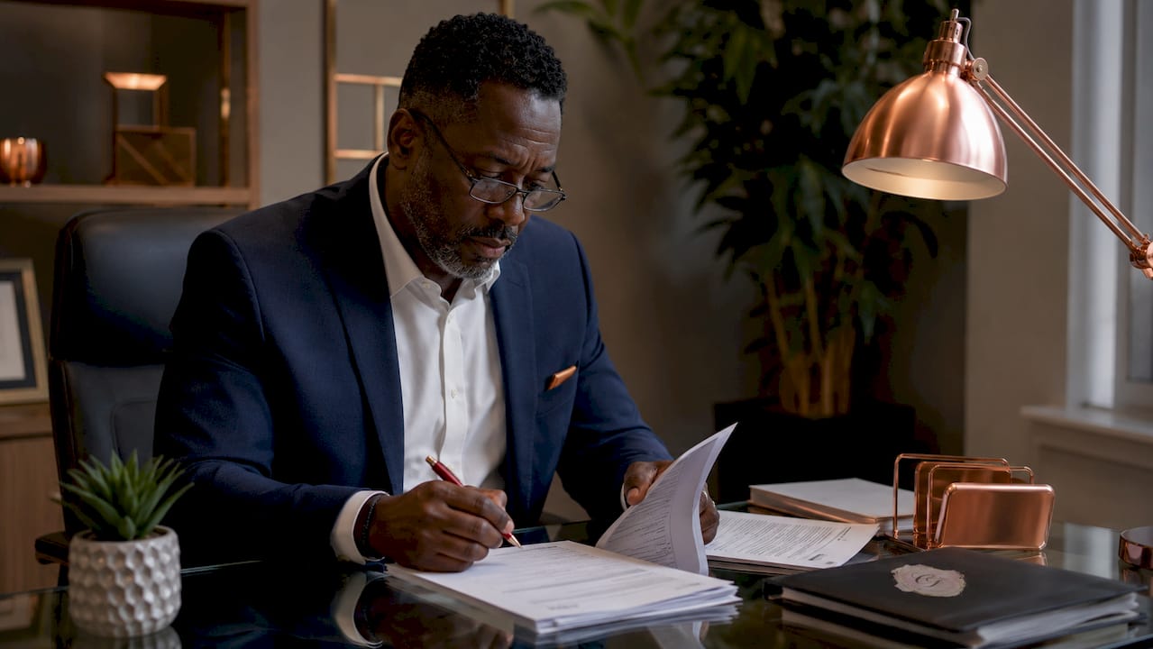 Man reviewing immigration forms with red pen