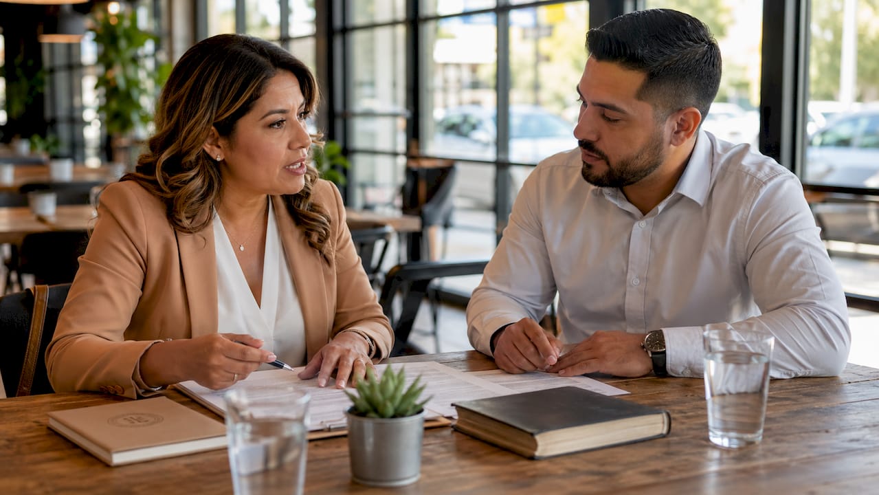 Latina attorney consulting Hispanic client in conference room