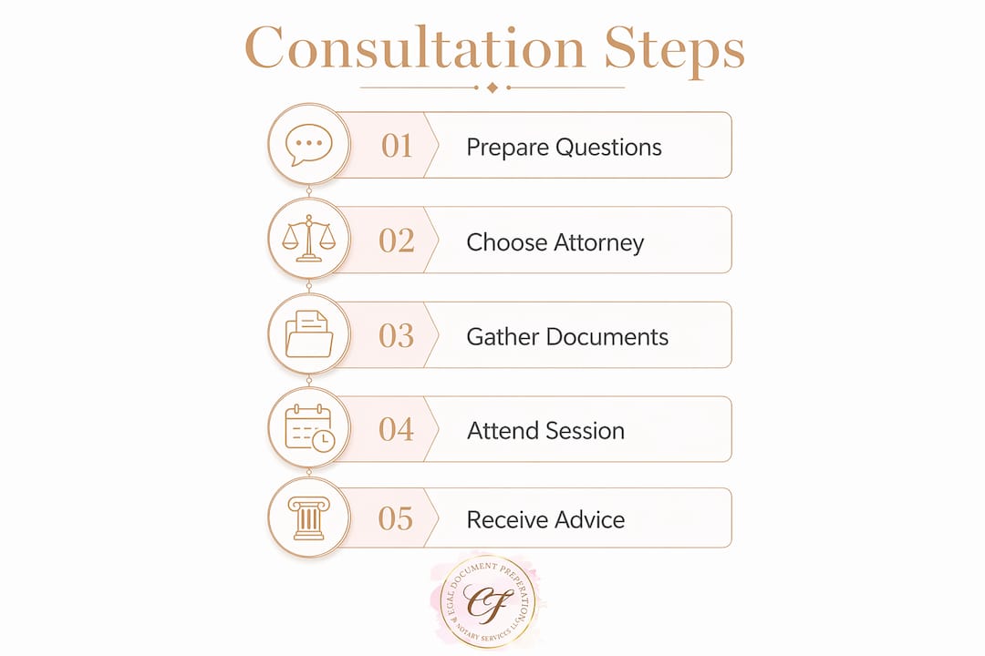 Infographic outlining steps for bilingual legal consultation