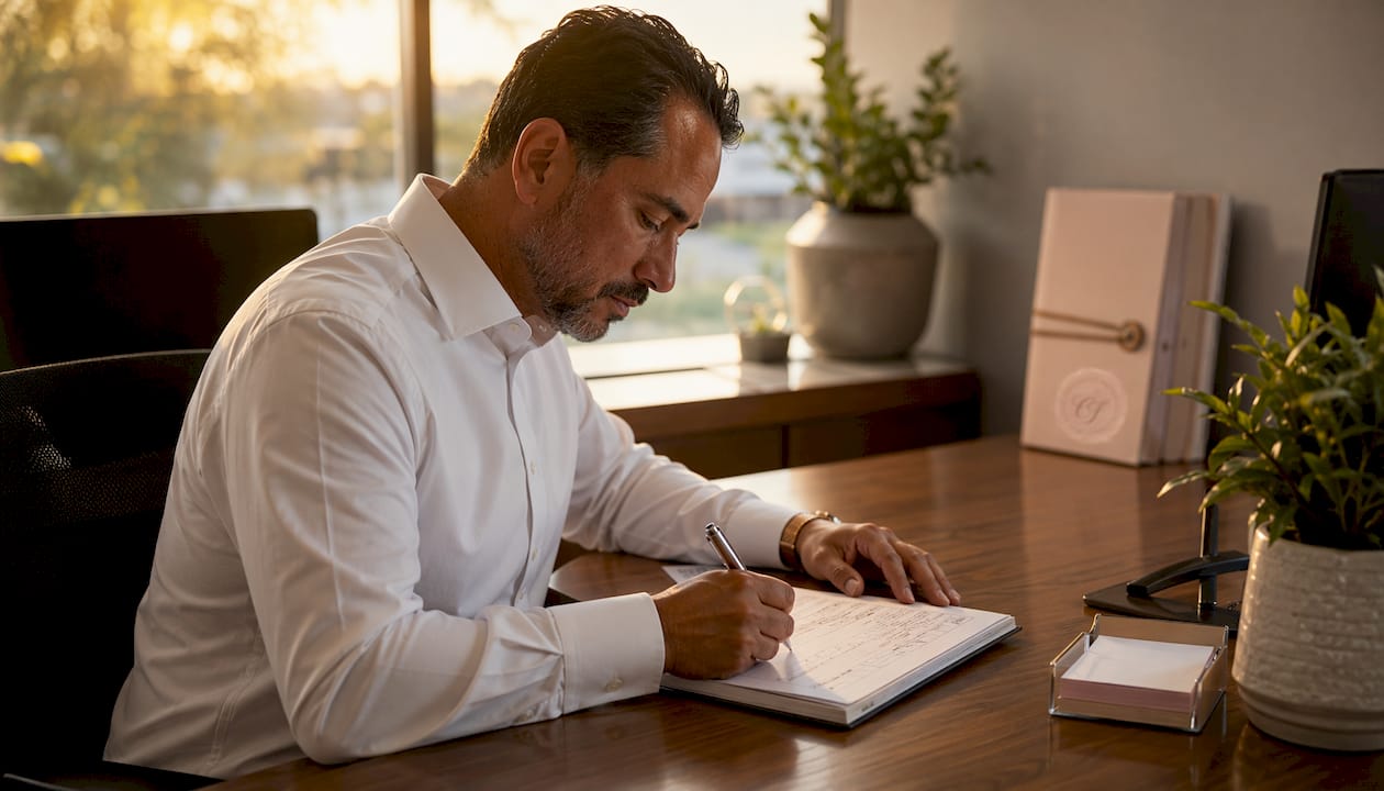 Hands writing in notary journal in home office