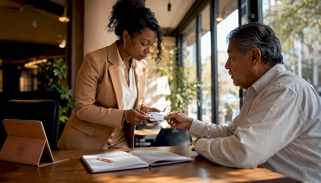 Notary verifying client's identity at desk