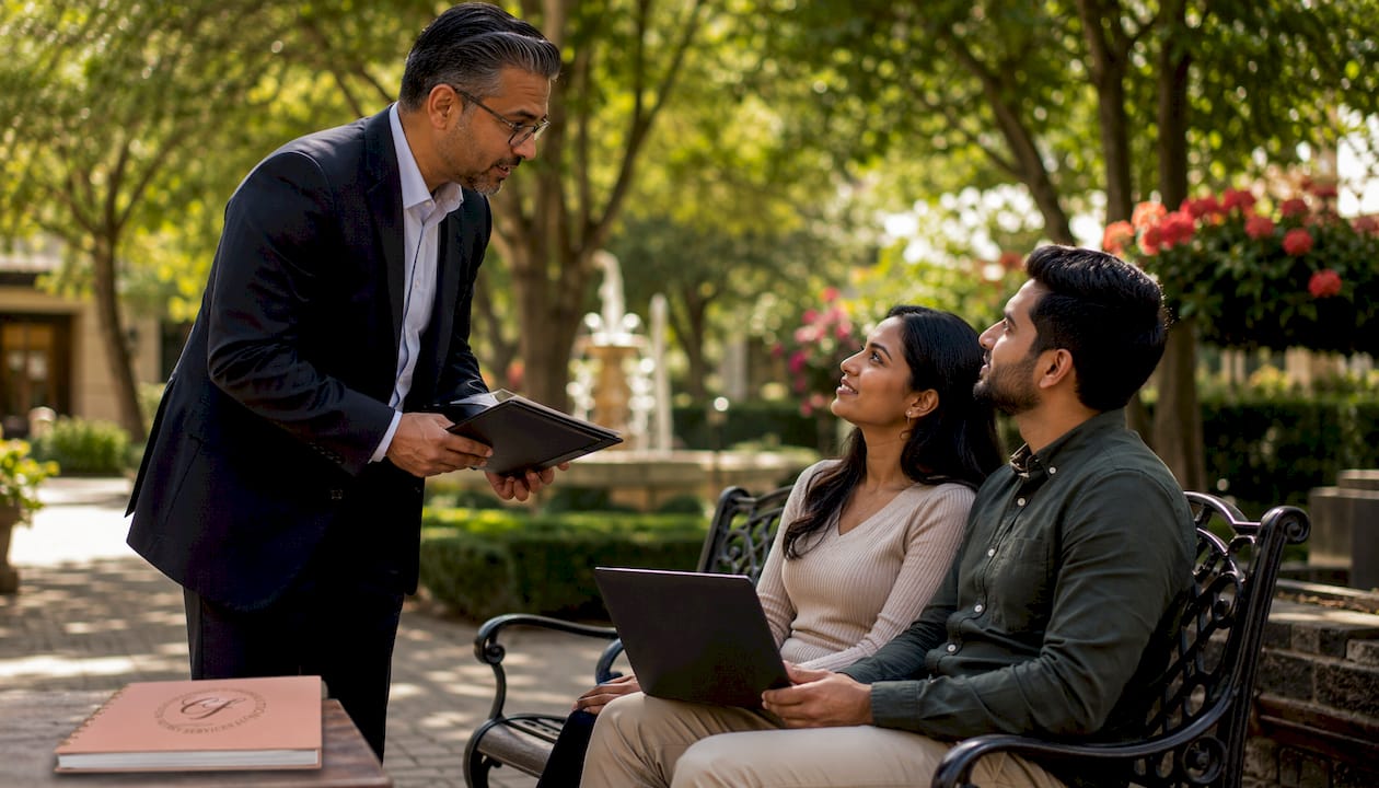 Attorney advising clients during legal consultation