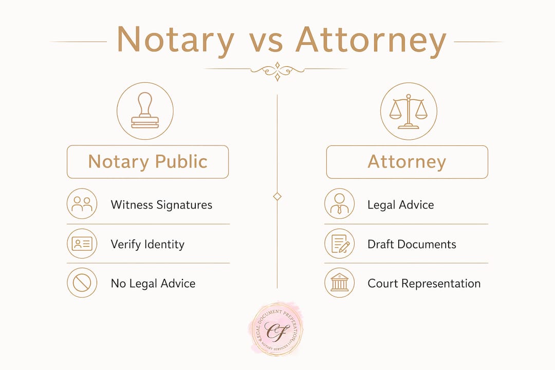 Infographic comparing roles of notary public and attorney