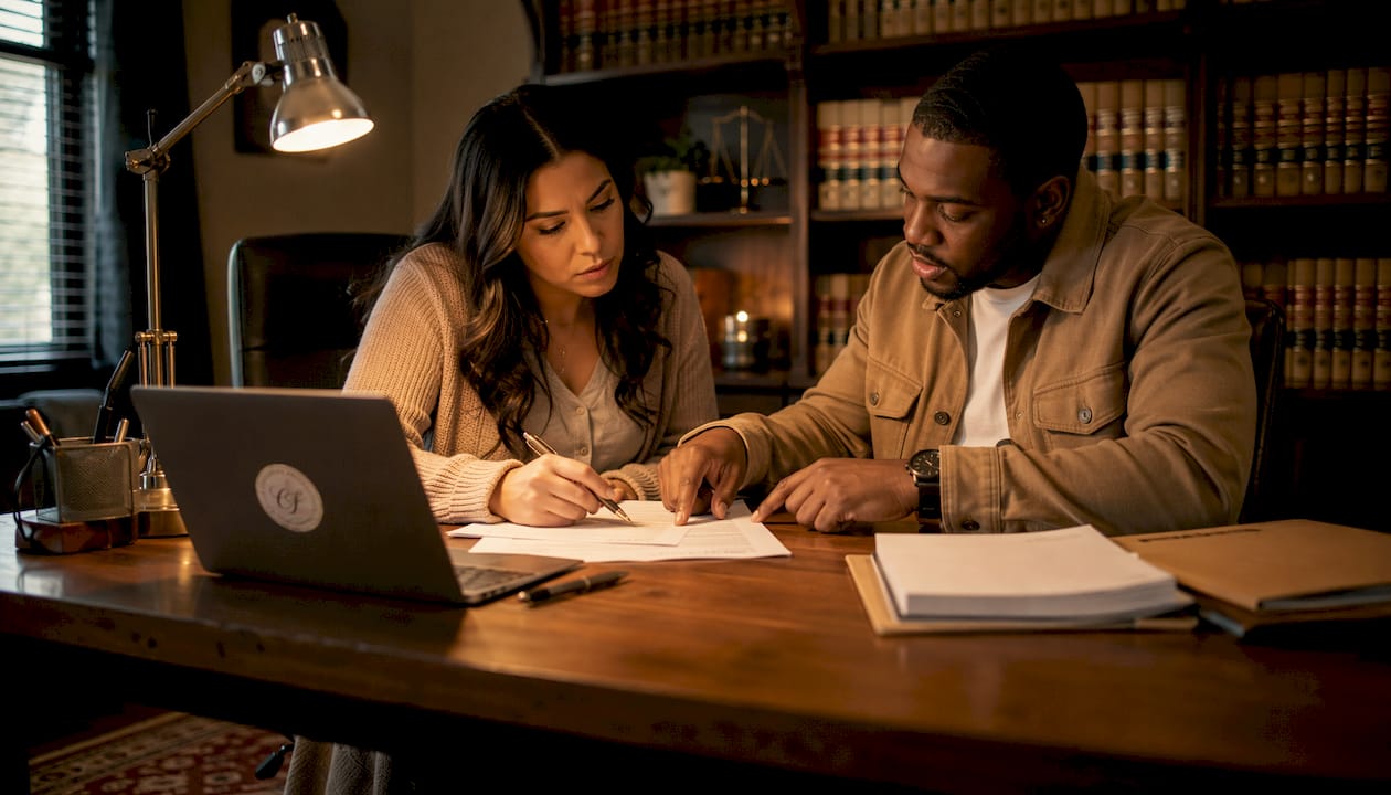 Two assistants discussing bilingual intake forms