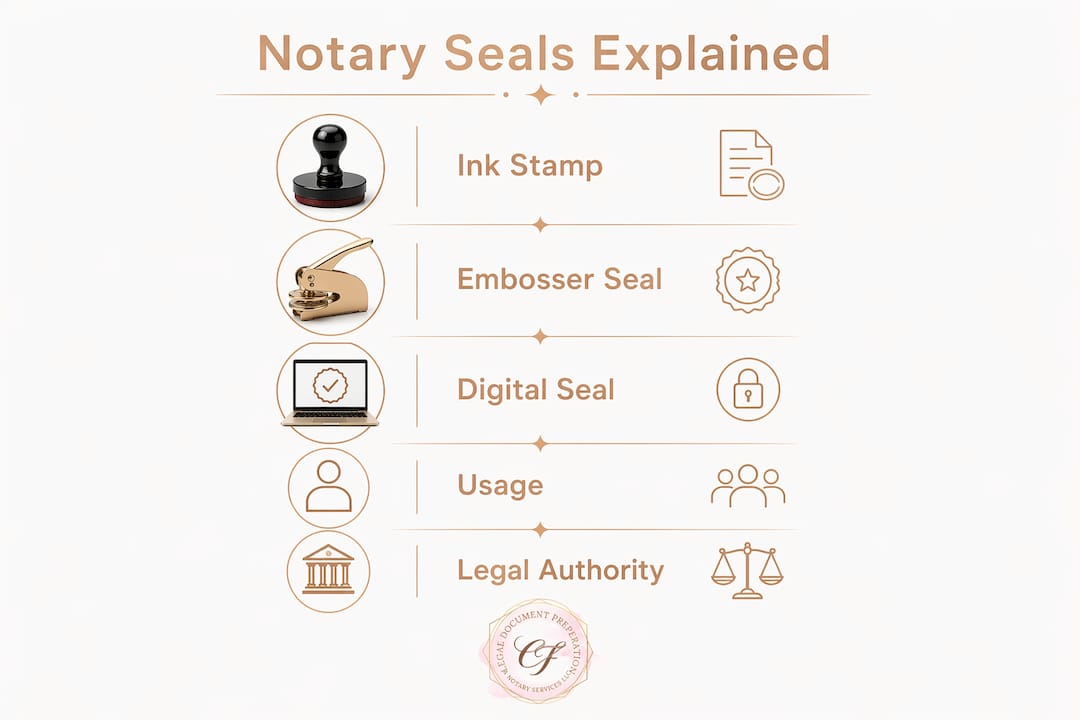 Infographic illustrating types and uses of notary seals