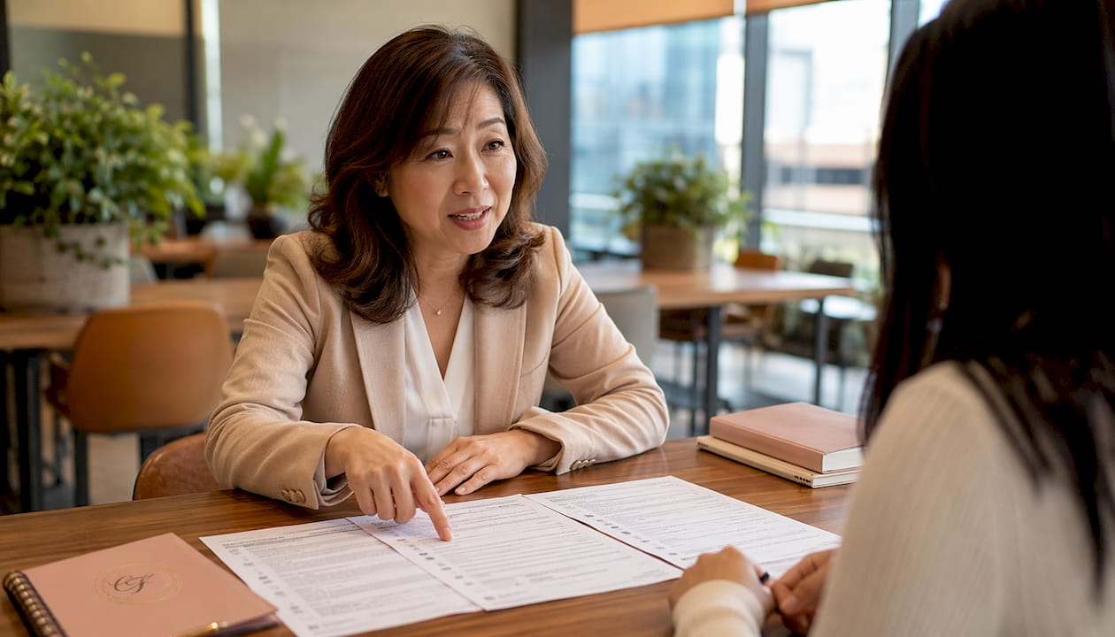 Woman explaining types of notarial certificates, side hands view