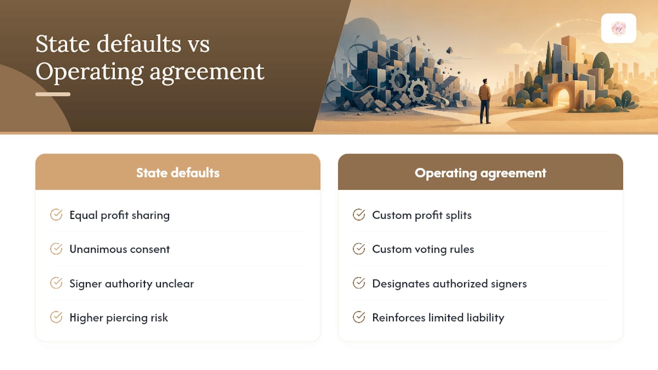 Comparison diagram of LLC default rules vs customized agreement