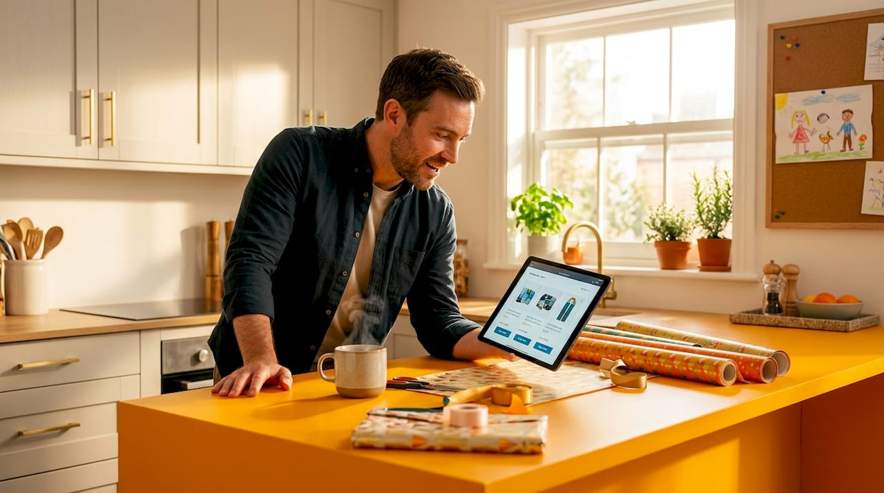 Dad finding gifts for family on phone in kitchen