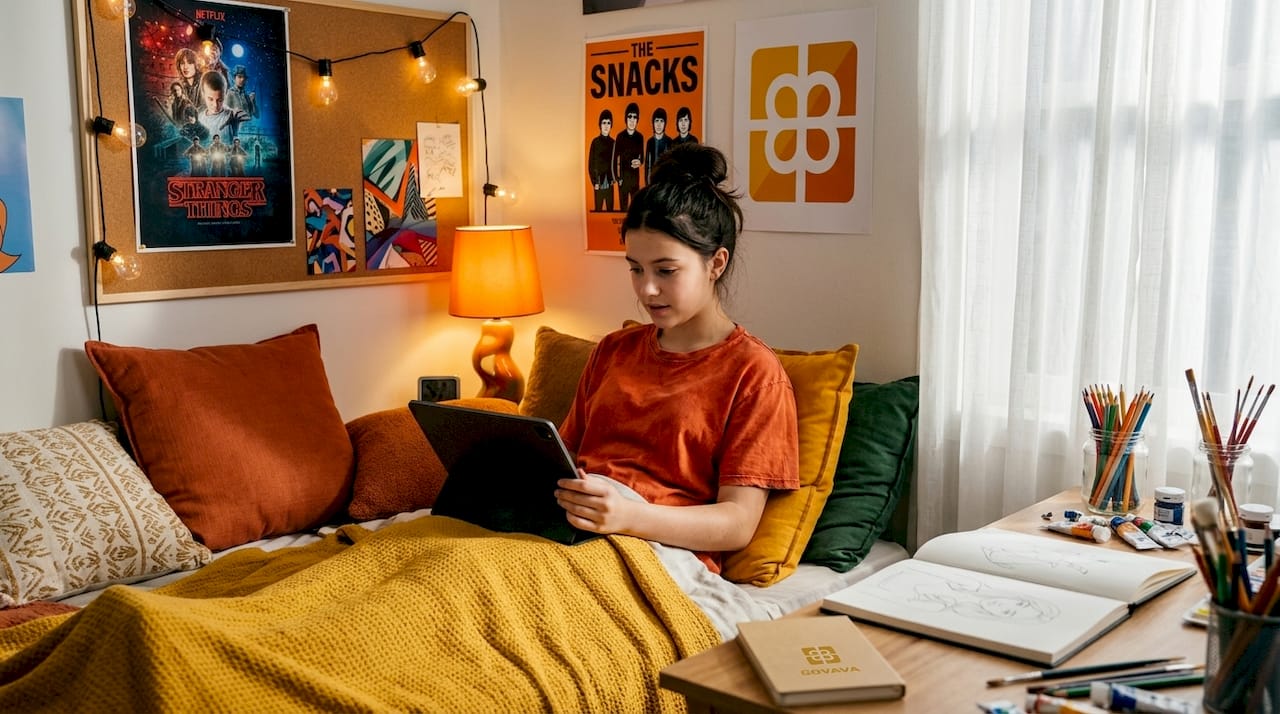 Teenager reviewing AI gift ideas in messy bedroom