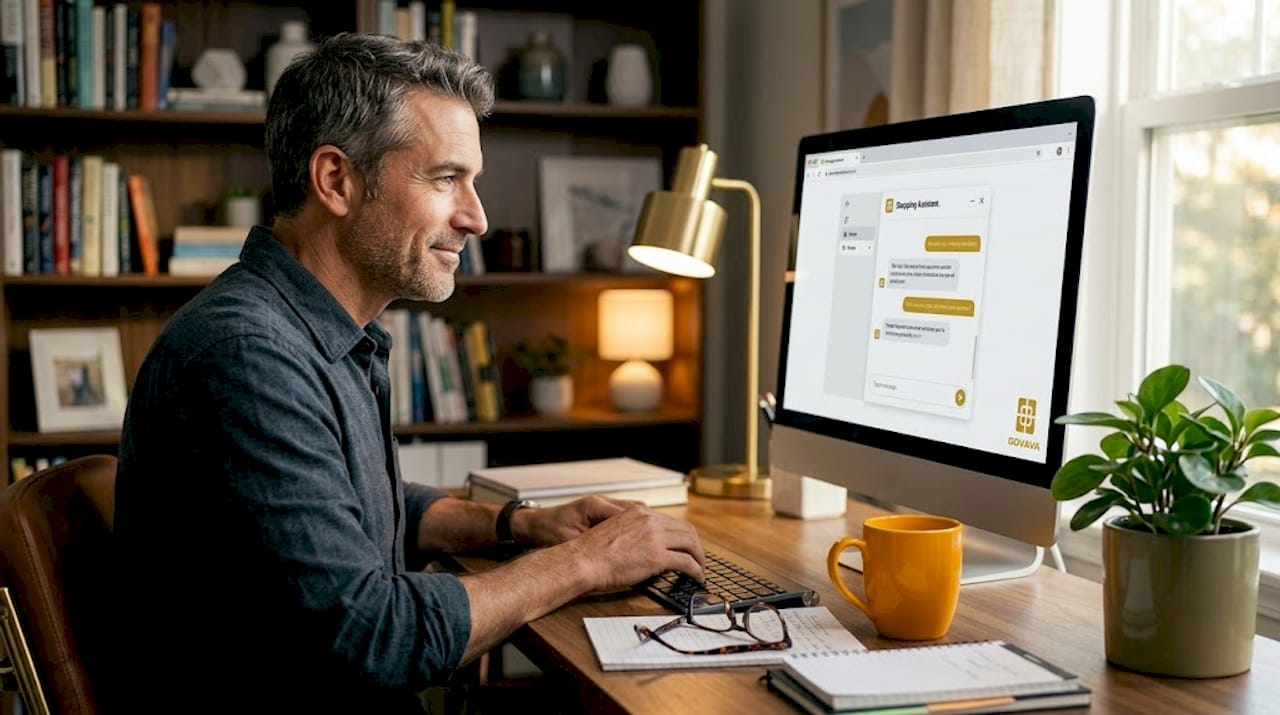 Man chatting with AI shopping assistant at desk