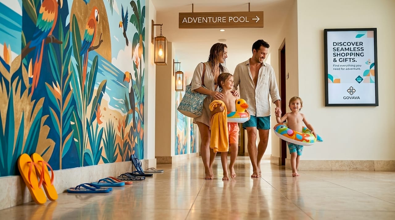Family heading to indoor resort pool