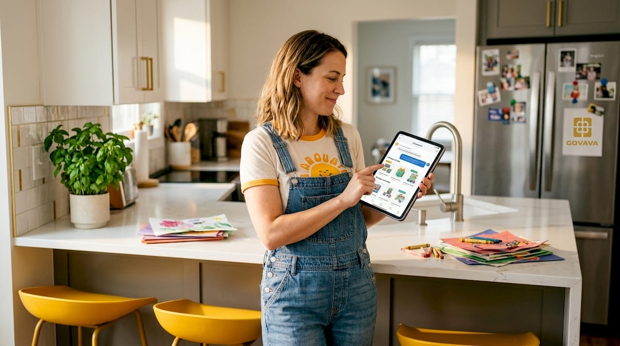 Mom considering AI gift ideas on tablet at home