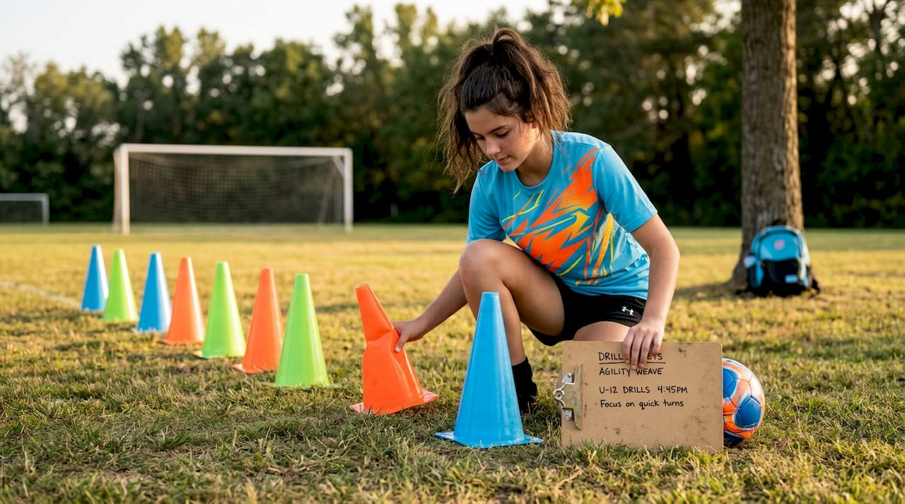 Teen practicing indoor soccer drills at home